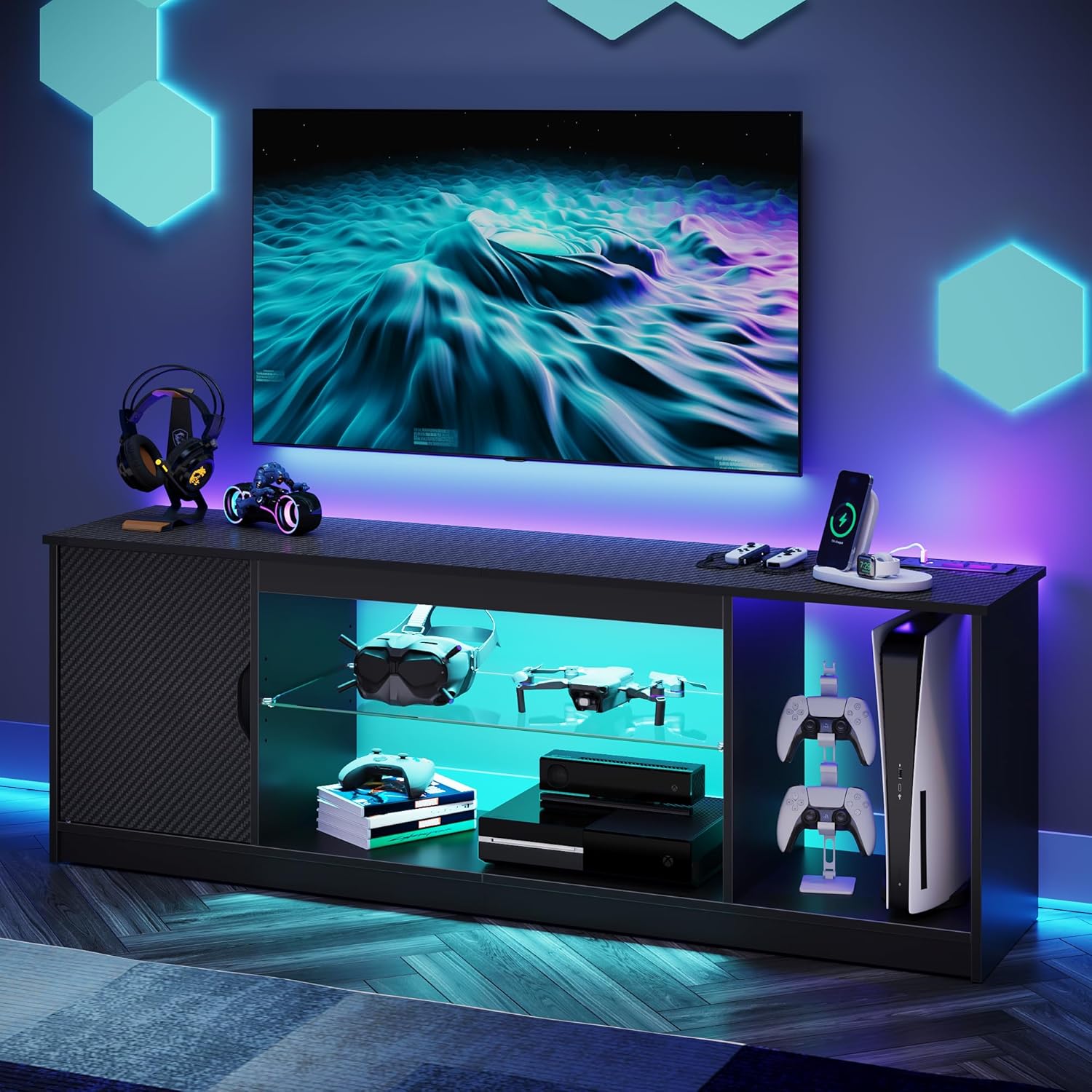 Gaming Console Room - Suporte para TV com tomadas elétricas,